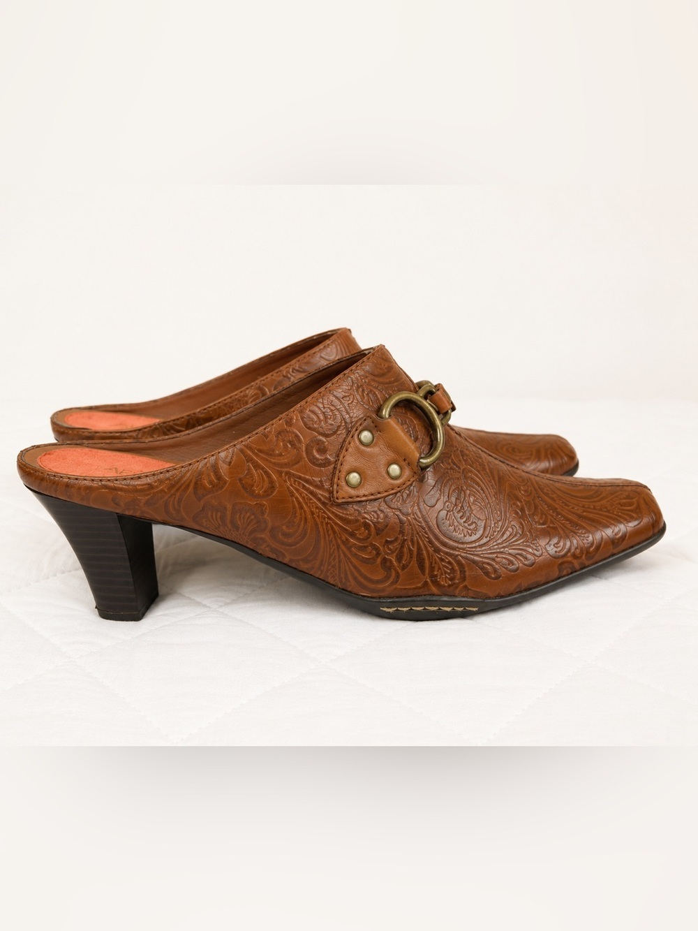 Aerosoles Tooled Leather Mule Heels Brown Western Boho Slip On NWOT